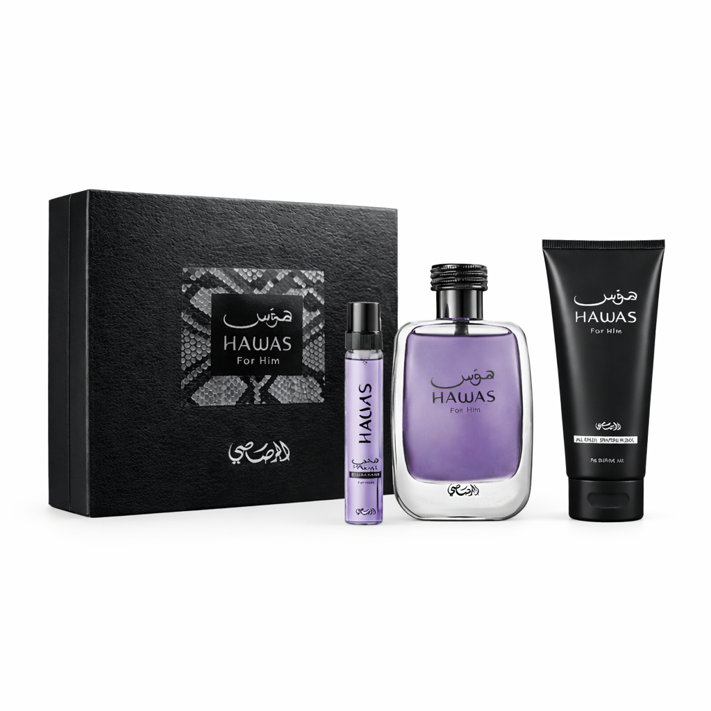 .Estuche Rasasi Hawas 3Pz Mini 10ml + Perfume 100ml + Shower Gel 60ml